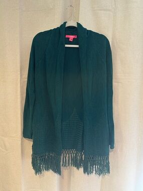 Lilly Pulitzer Teal Open-Front Fringe Knit Cardigan